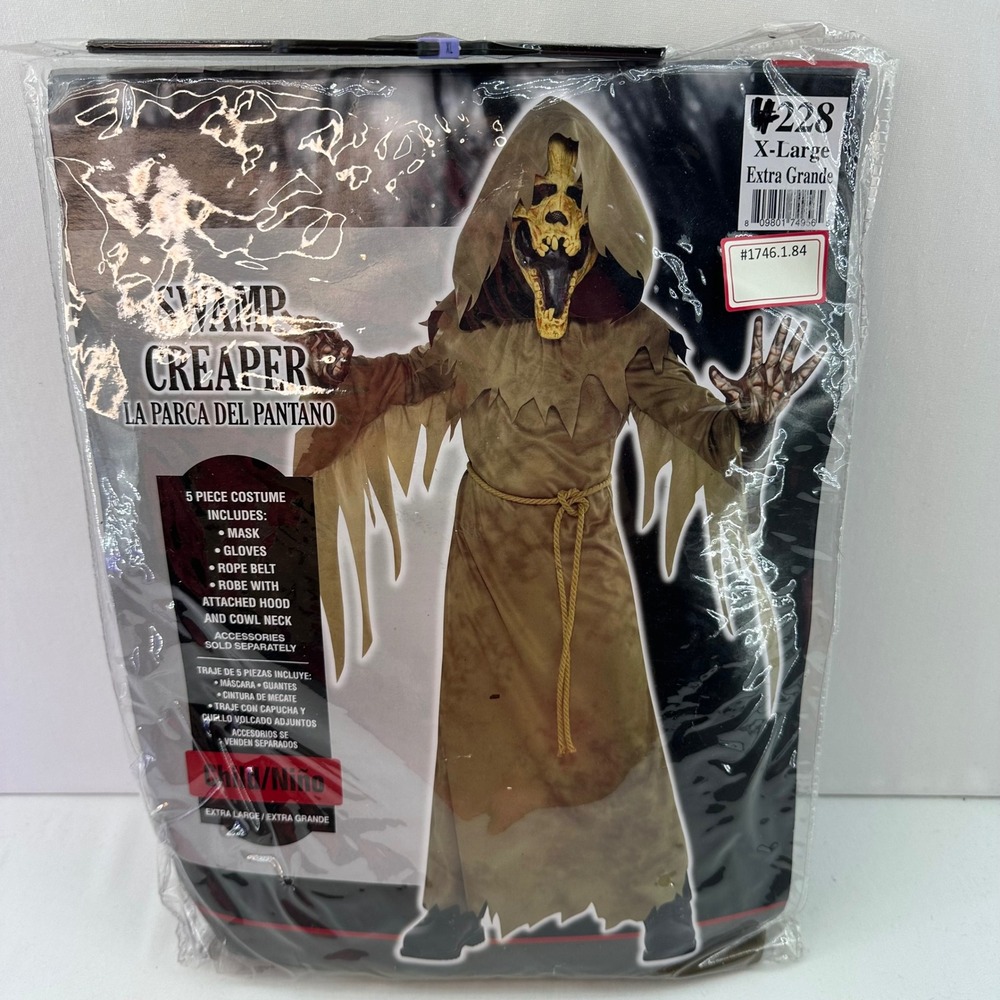 Swamp Creaper‎ Costume X-Large Child Size 14-16 Mask Gloves Rope Belt Robe